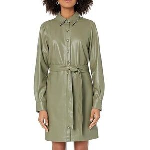 The Drop Olive Vegan Leather Shirt Dress